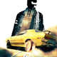A yellow muscle car drifts through San Francisco, a man's silhouette in the background.